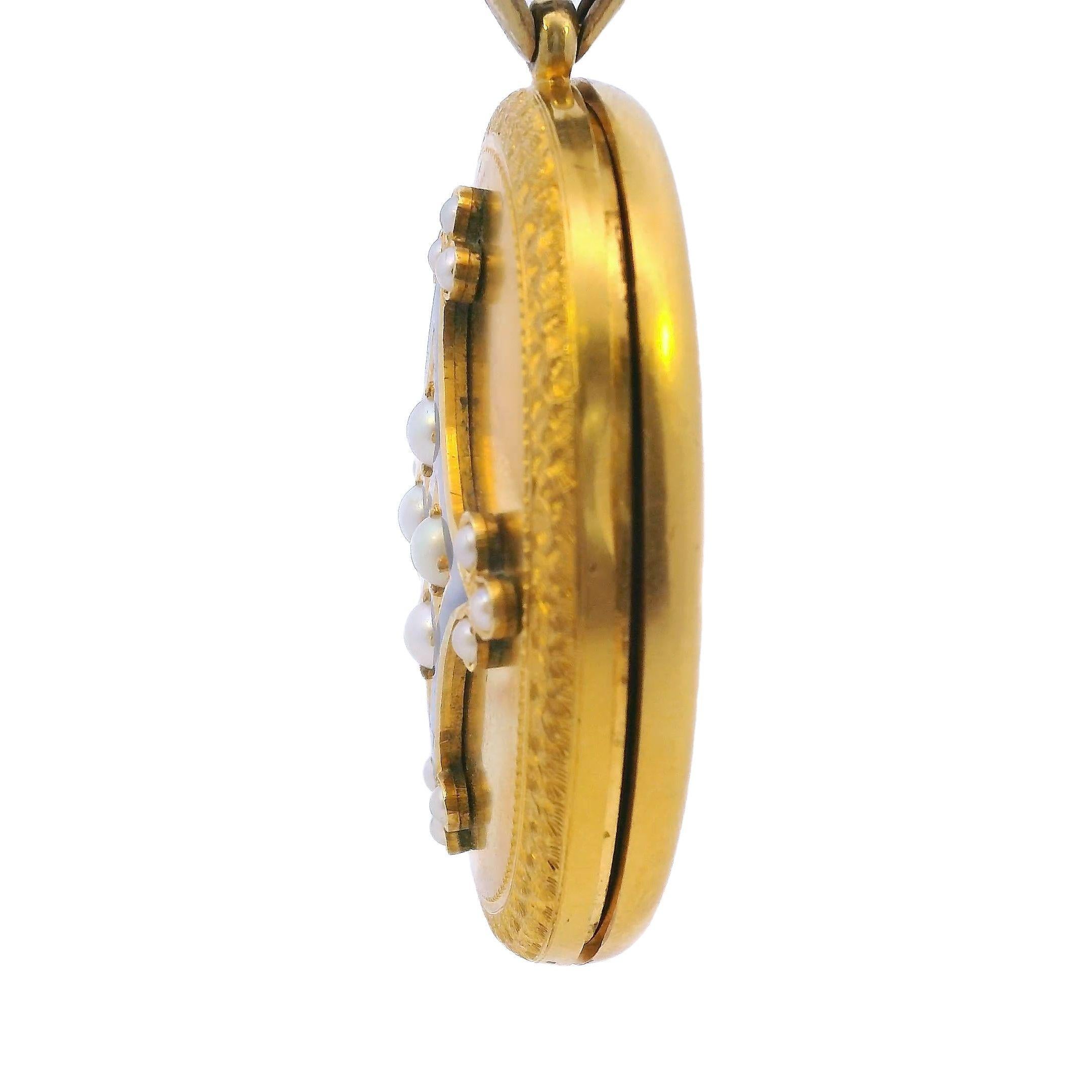 Victorian Pearl Locket With Blue Enamel in 18K Yellow Gold For Sale at ...