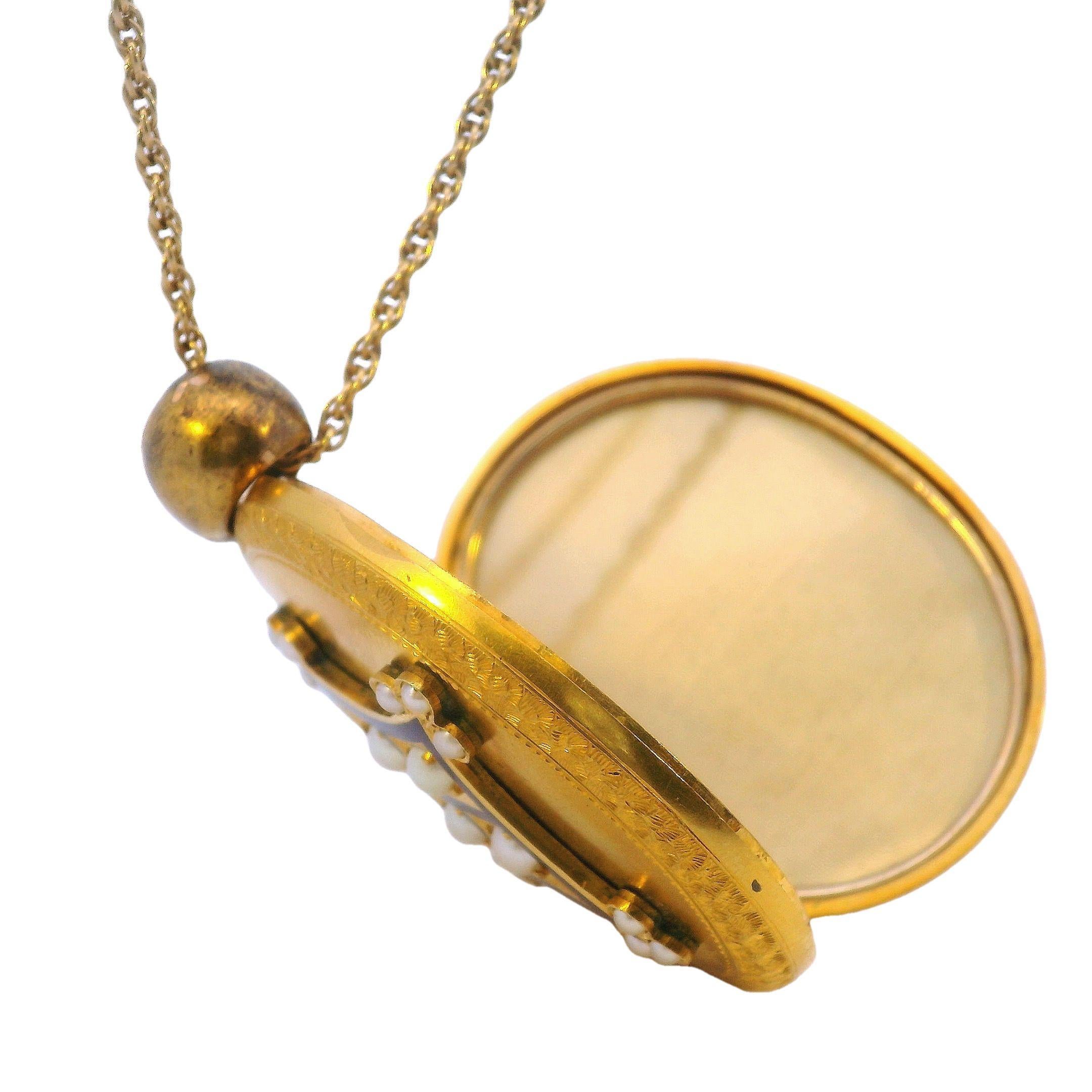 Victorian Pearl Locket With Blue Enamel in 18K Yellow Gold For Sale at ...