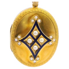 Victorian Pearl Locket With Blue Enamel in 18K Yellow Gold