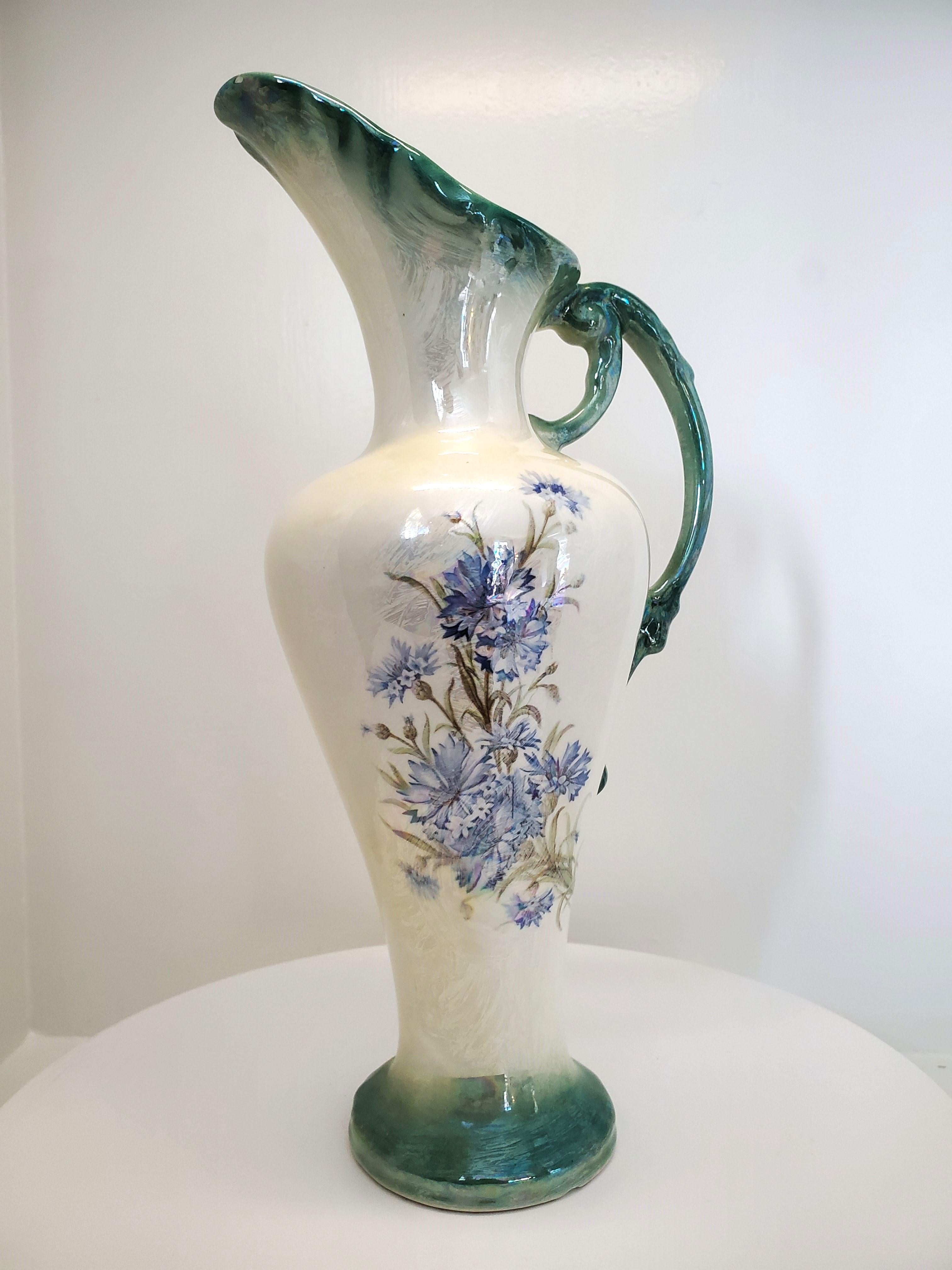 Glazed Victorian Pearl Lusterware Ewer or Pitcher with Green Trim and Blue Flowers For Sale