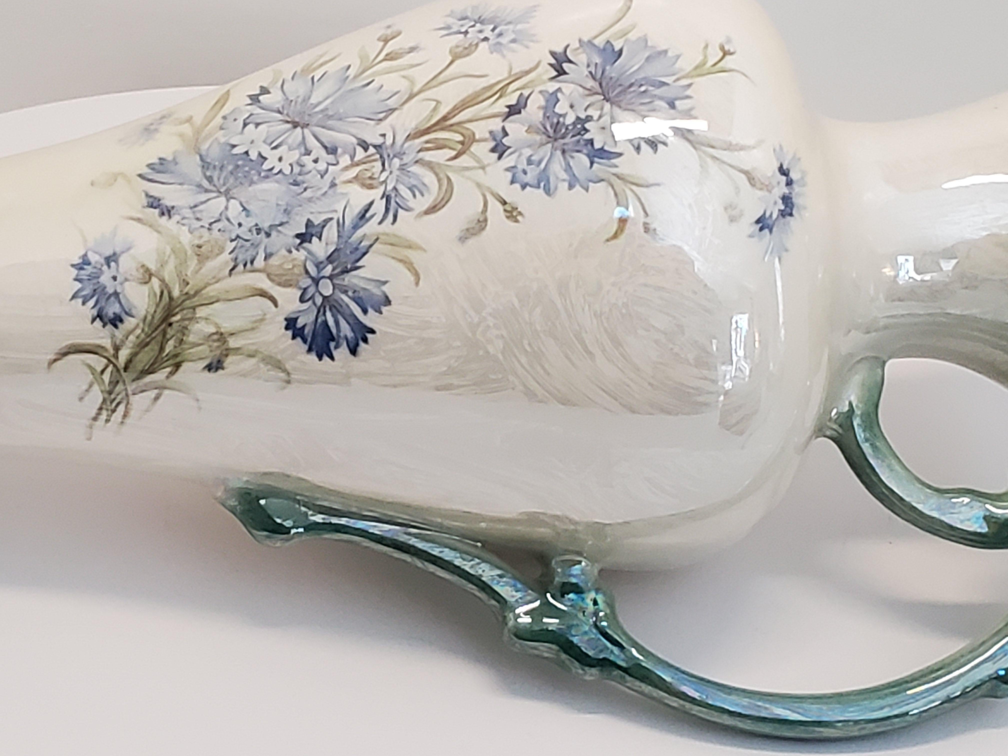 Victorian Pearl Lusterware Ewer or Pitcher with Green Trim and Blue Flowers In Good Condition For Sale In Nova Scotia, NS