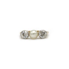Victorian Pearl & Old-Cut Diamond Three-Stone Ring, 18K Yellow Gold, FR 46 (appr