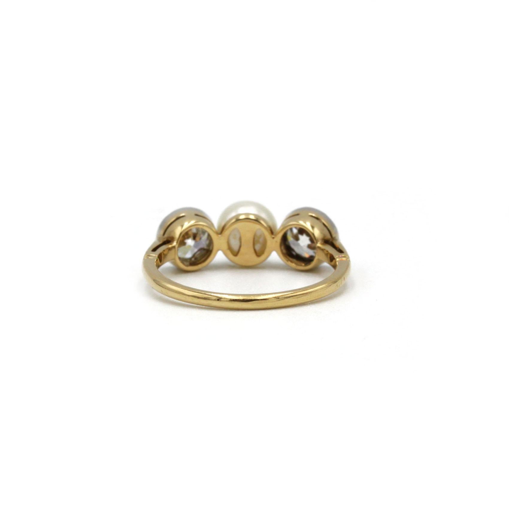 Anillo victoriano de tres piedras con perlas y diamantes talla antigua, oro amarillo de 18 quilates, FR 46 (appr. en venta 1