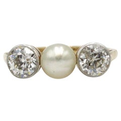 Victorian Pearl & Old-Cut Diamond Three-Stone Ring, 18K Yellow Gold, FR 46 (appr
