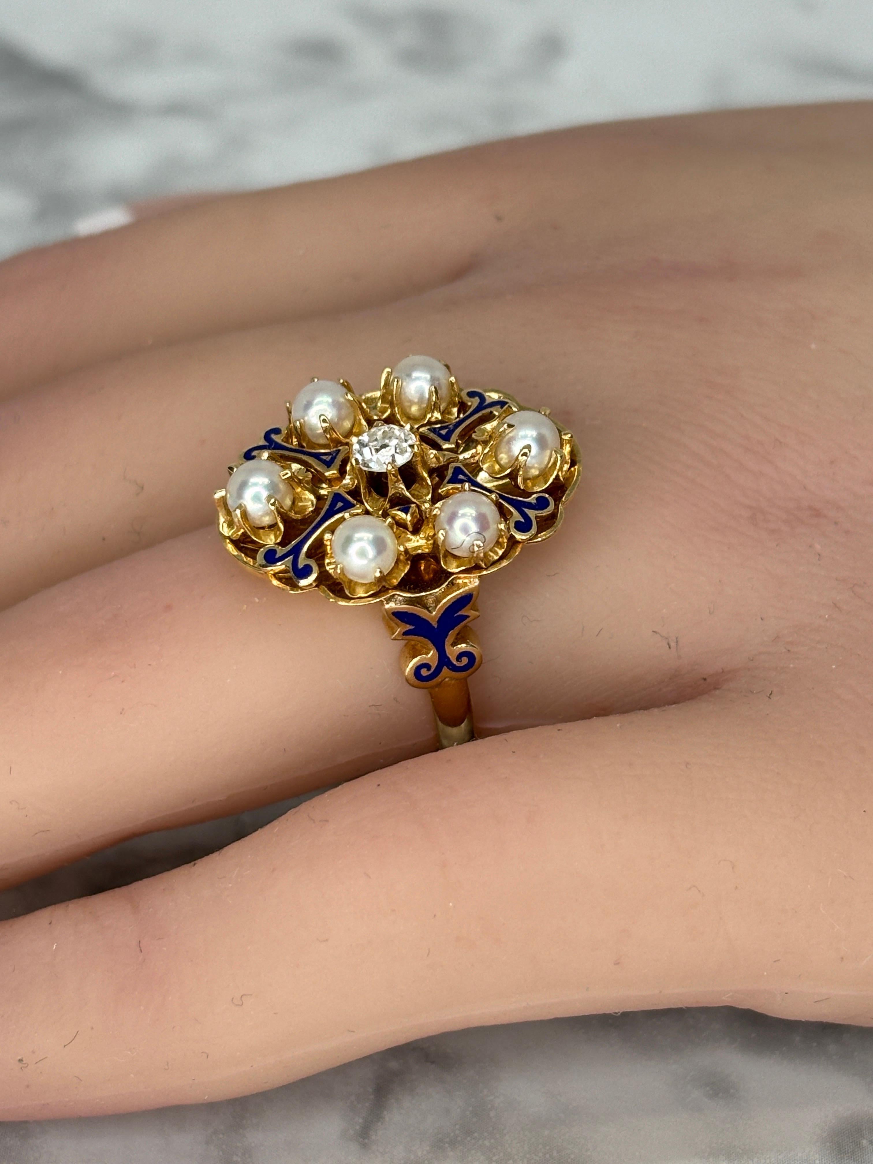 Victorian Pearl & Old Mine Cut Diamond Cluster Blue Enamel 14k Yellow Gold Ring For Sale 5