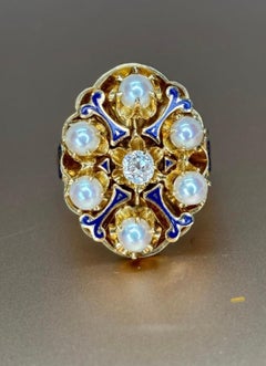 Victorian Pearl & Old Mine Cut Diamond Cluster Blue Enamel 14k Yellow Gold Ring