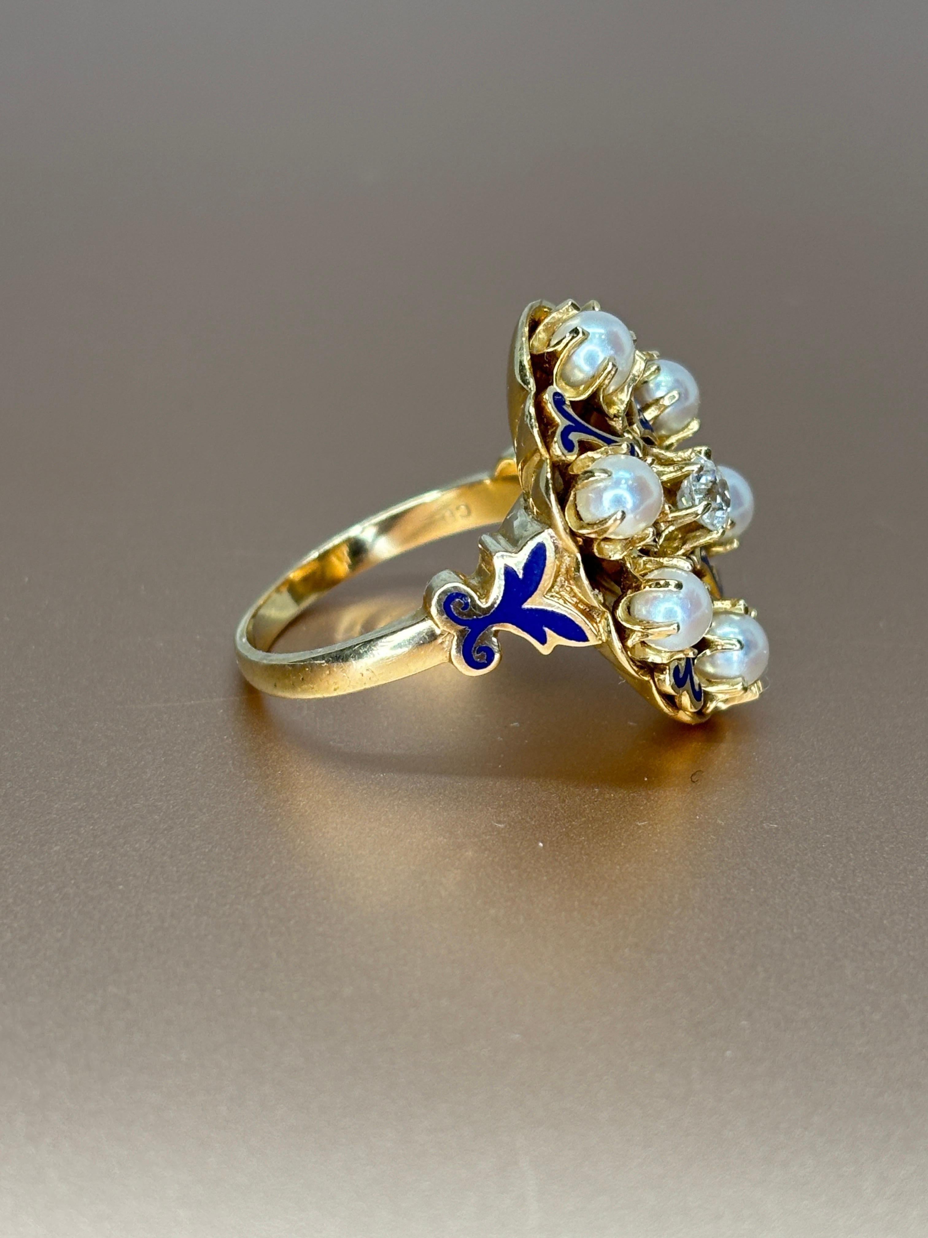 Late Victorian Victorian Pearl & Old Mine Cut Diamond Cluster Blue Enamel 14k Yellow Gold Ring For Sale