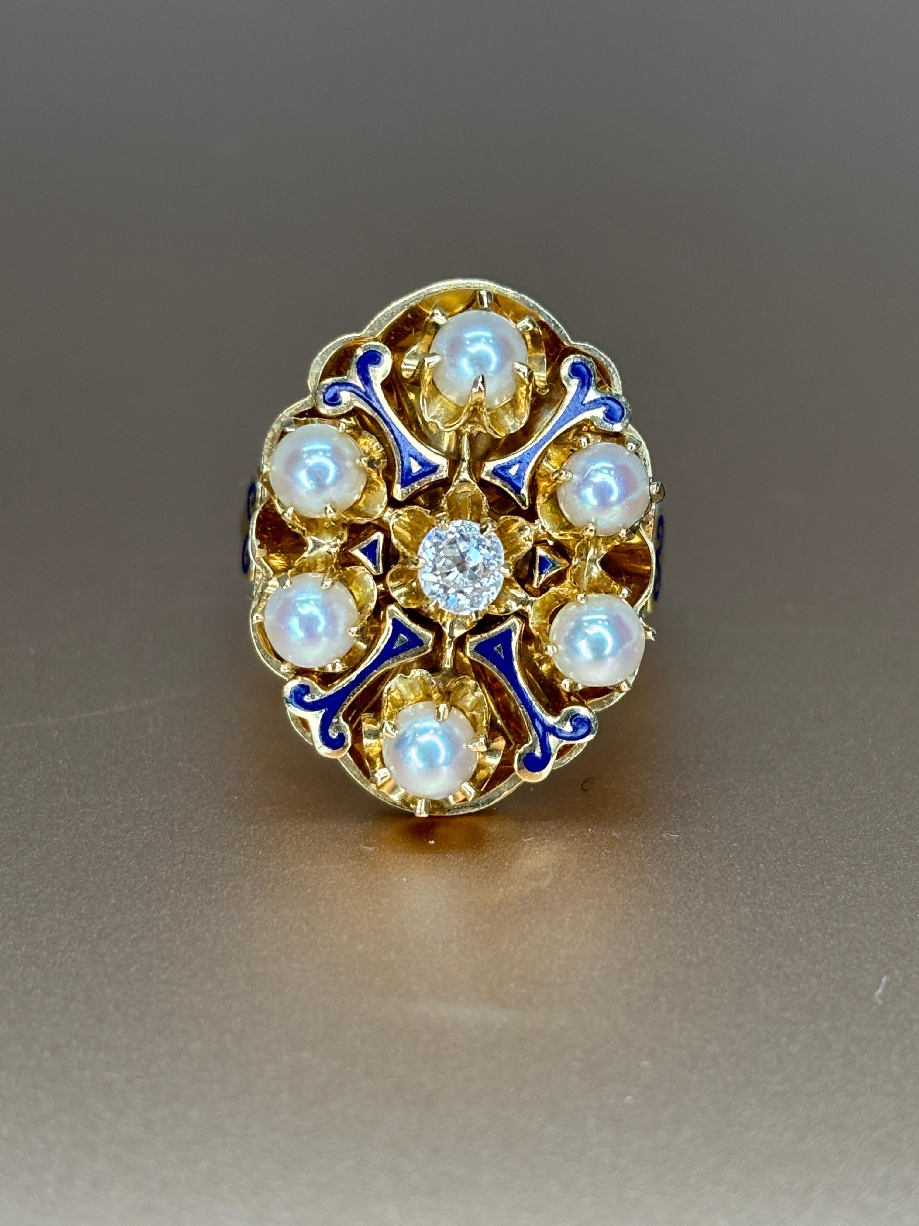 Victorian Pearl & Old Mine Cut Diamond Cluster Blue Enamel 14k Yellow Gold Ring In Good Condition For Sale In Bernardsville, NJ