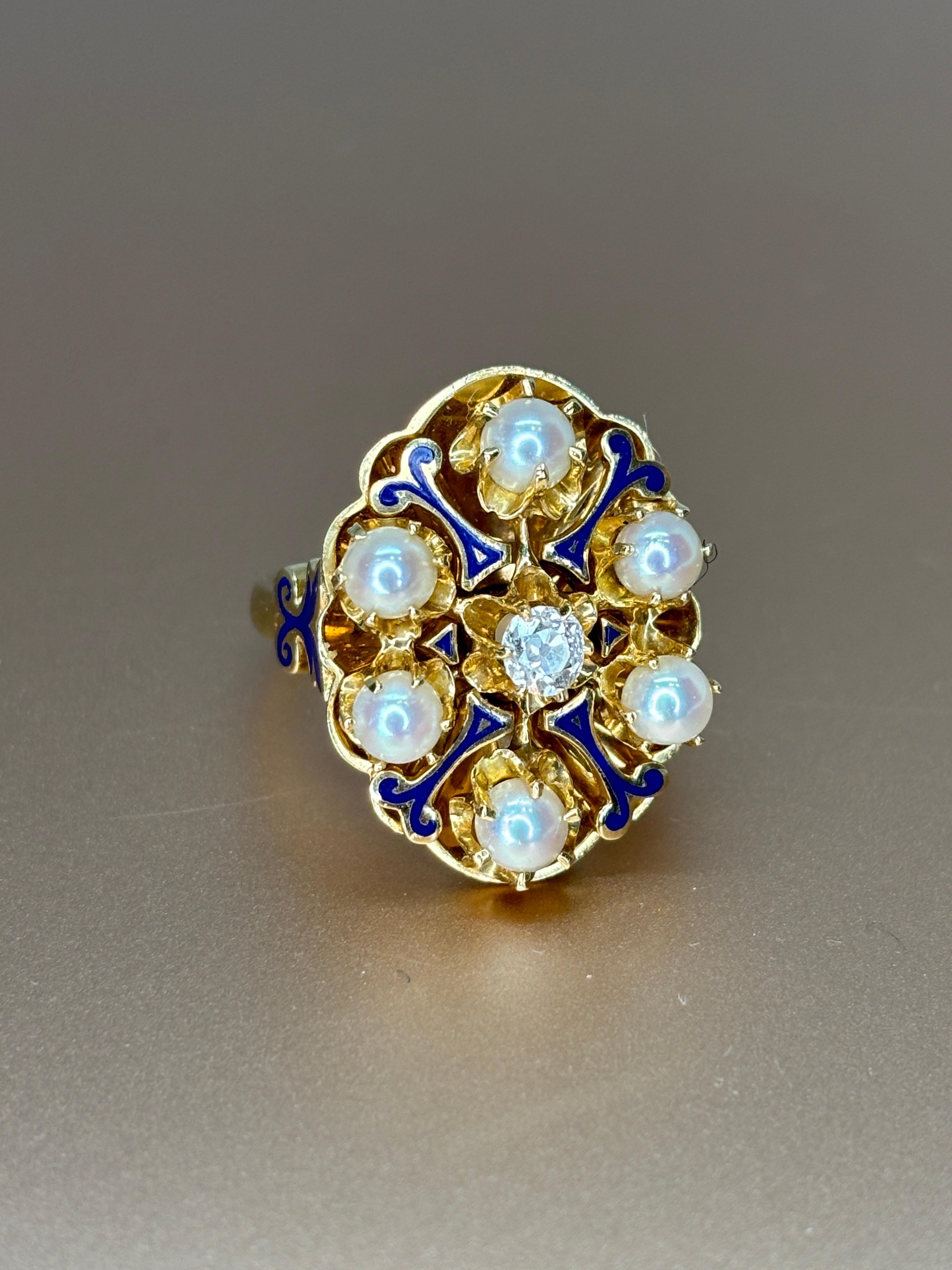 Women's Victorian Pearl & Old Mine Cut Diamond Cluster Blue Enamel 14k Yellow Gold Ring For Sale