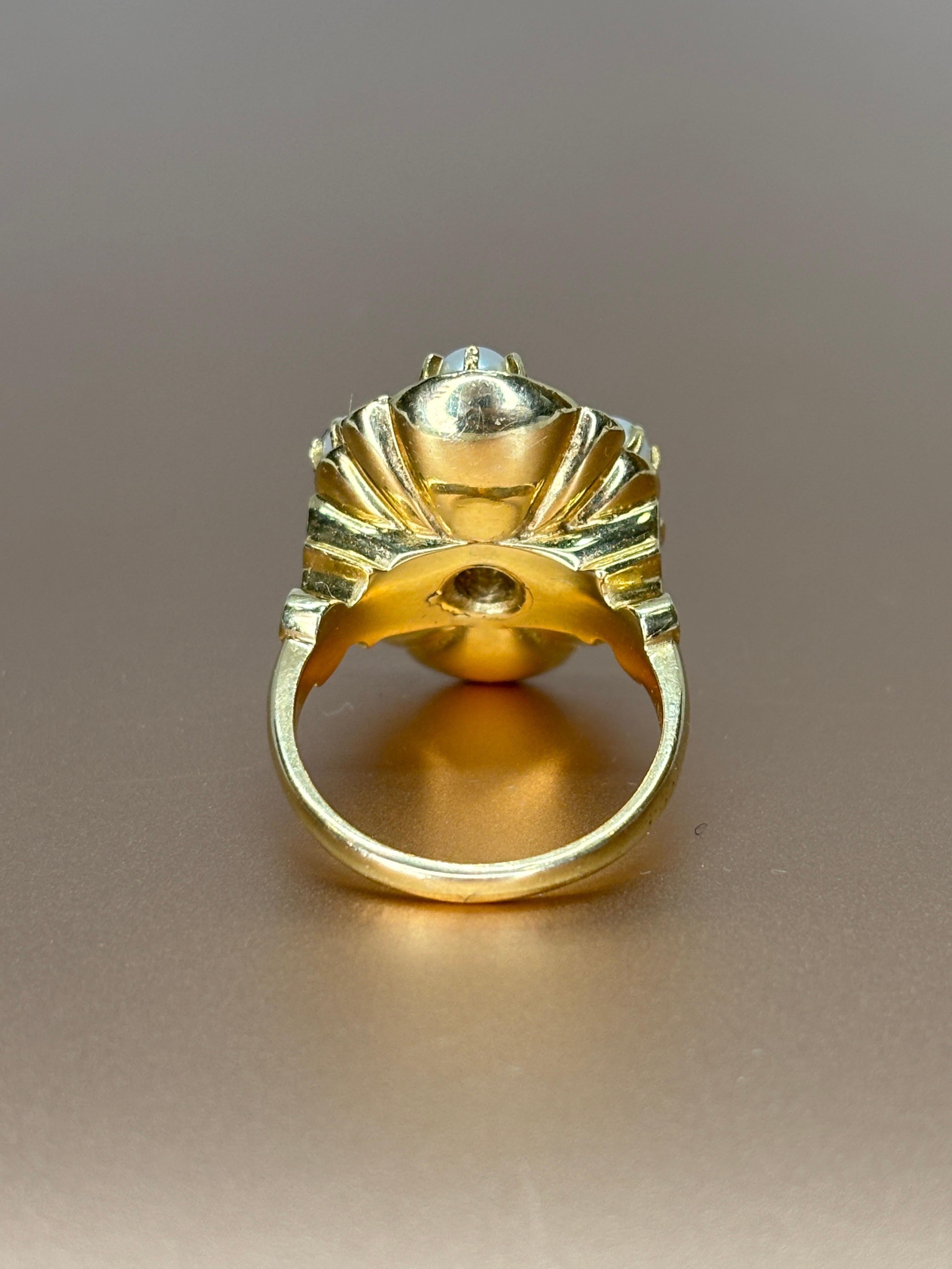 Victorian Pearl & Old Mine Cut Diamond Cluster Blue Enamel 14k Yellow Gold Ring For Sale 1