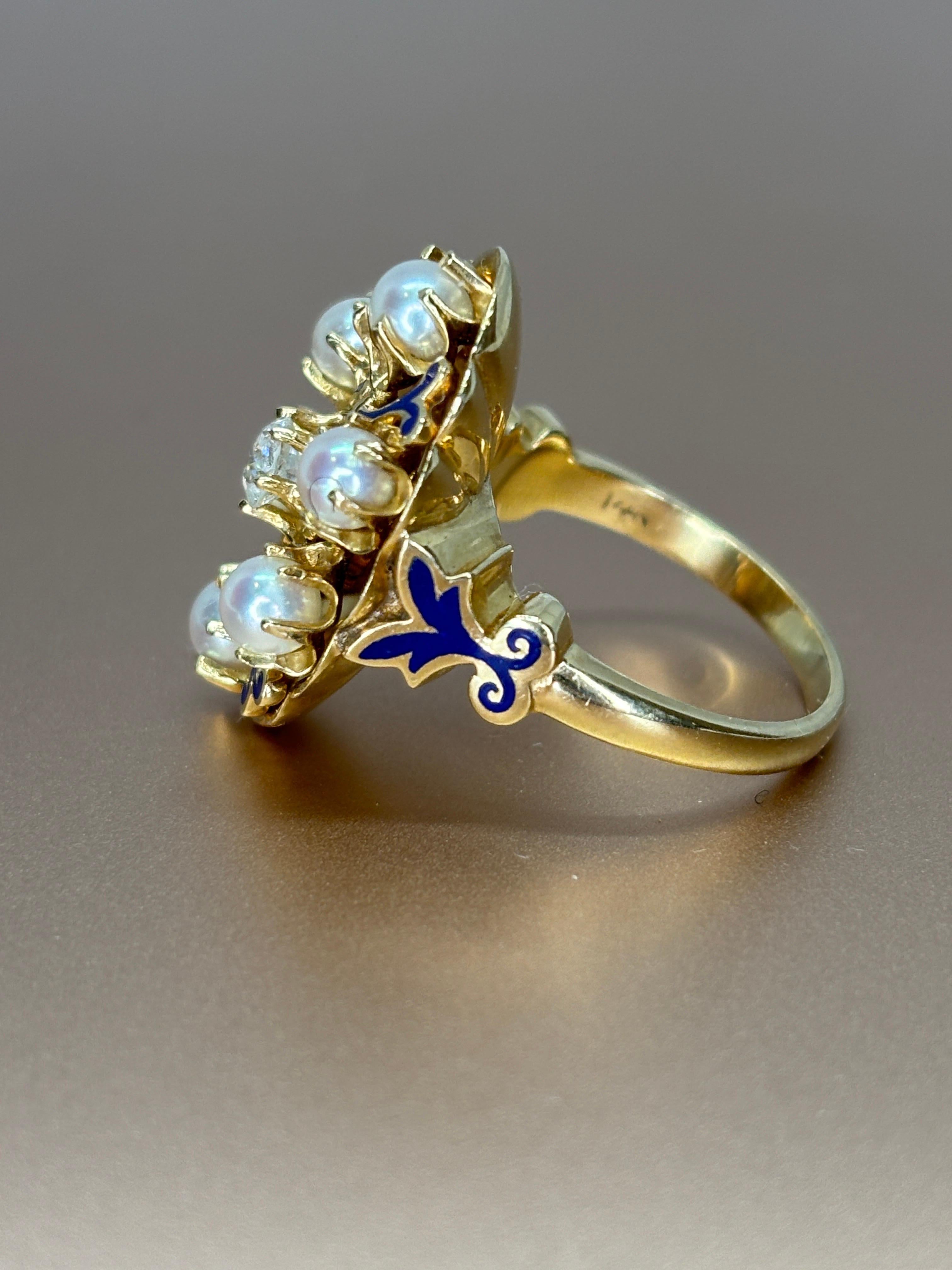 Victorian Pearl & Old Mine Cut Diamond Cluster Blue Enamel 14k Yellow Gold Ring For Sale 2