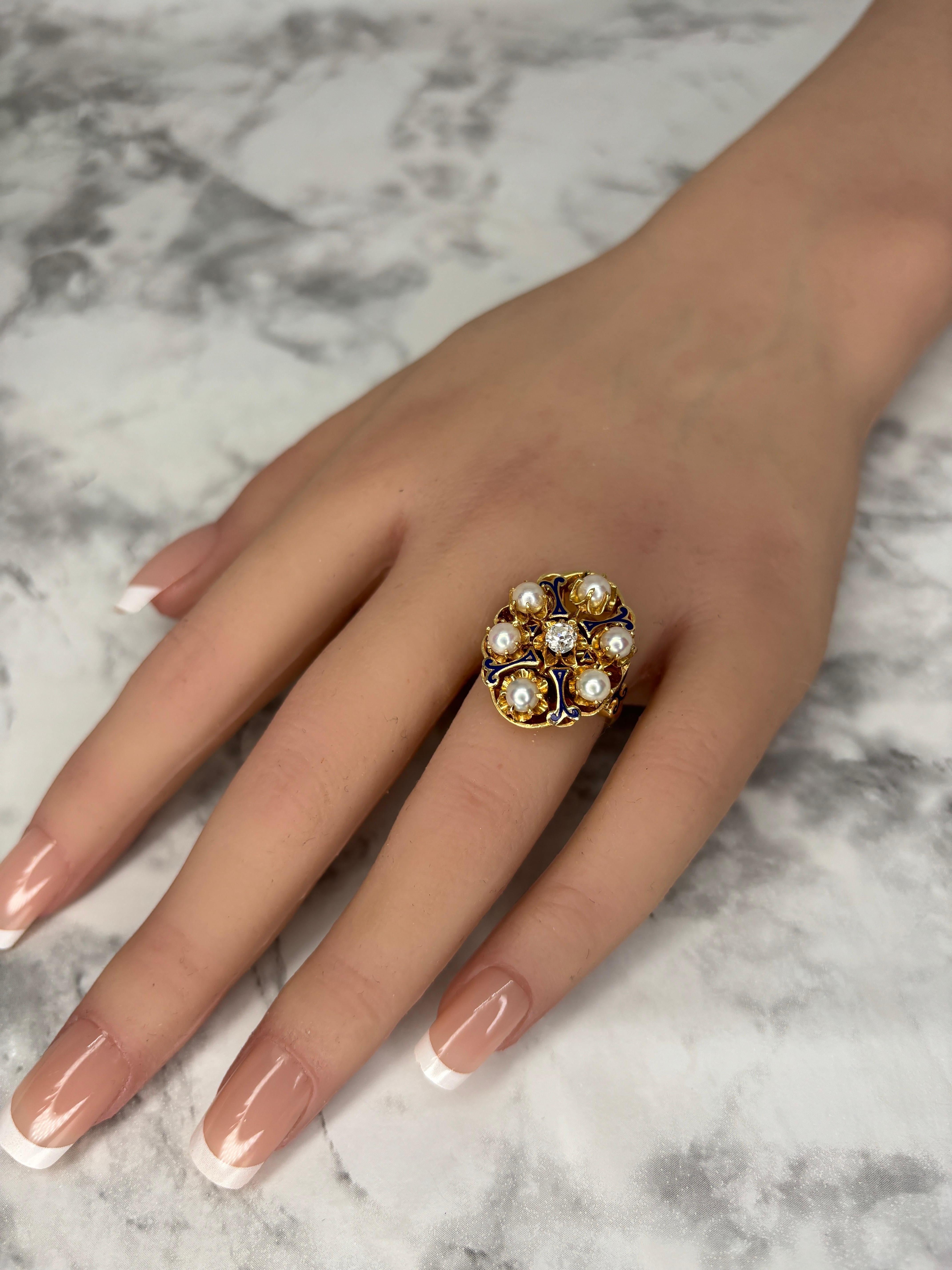 Victorian Pearl & Old Mine Cut Diamond Cluster Blue Enamel 14k Yellow Gold Ring For Sale 3