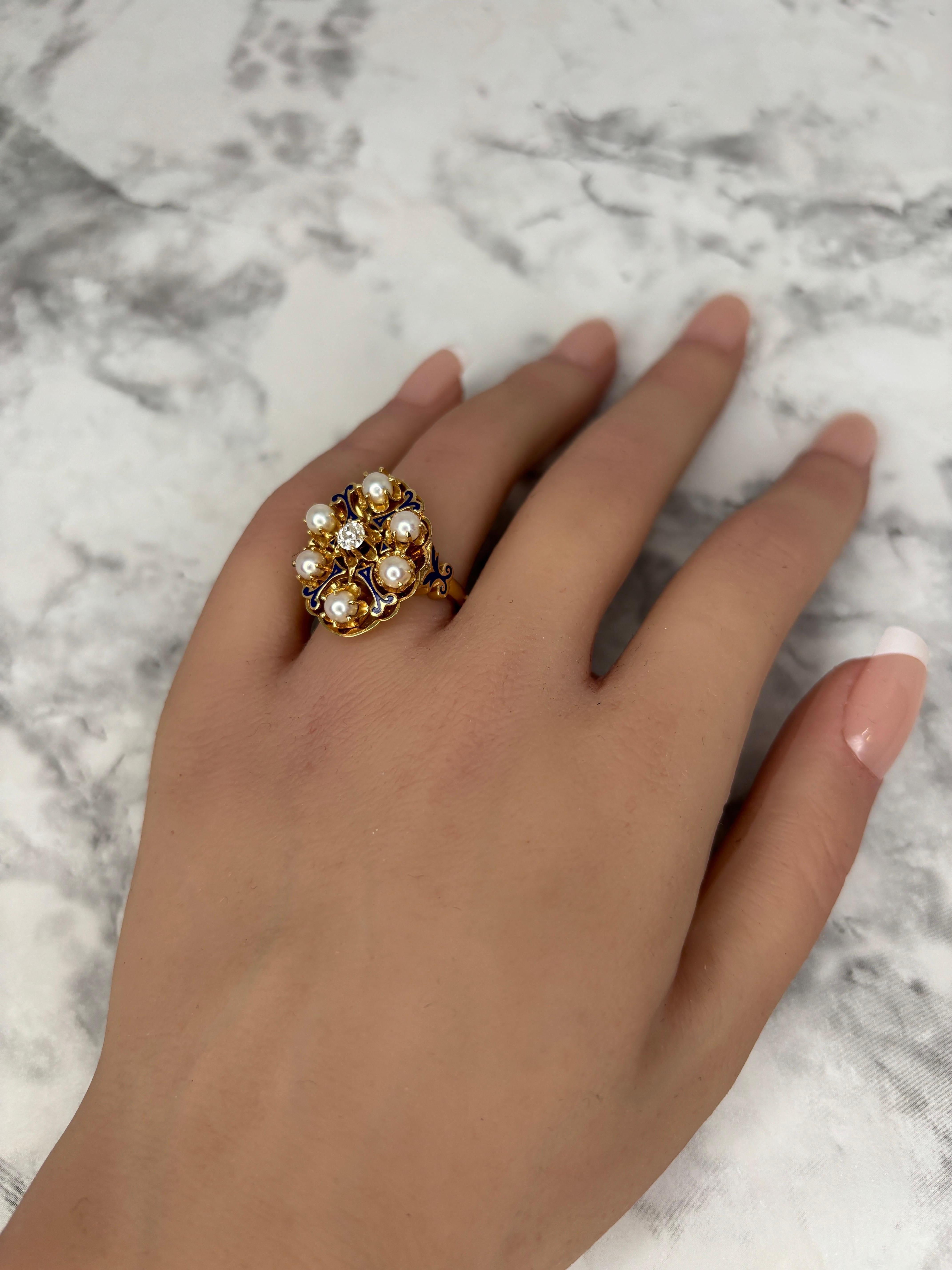 Victorian Pearl & Old Mine Cut Diamond Cluster Blue Enamel 14k Yellow Gold Ring For Sale 4