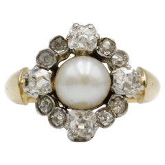 Victorian Pearl & Old Mine Cut Diamond Ring in 18K Gold, 19th Century