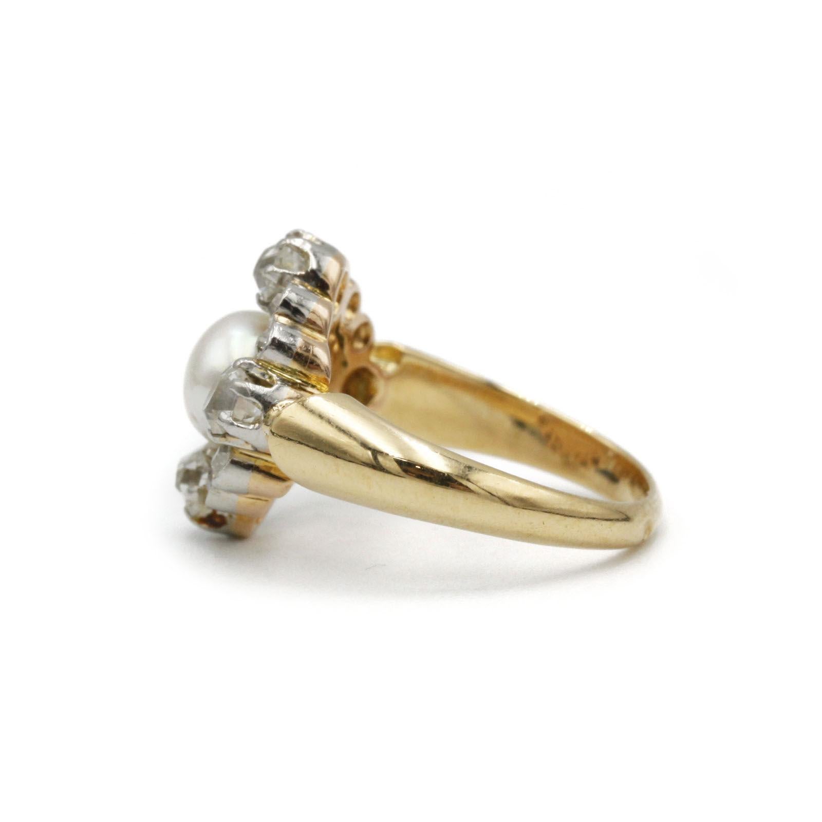Vittoriano Anello vittoriano con perla e diamante Old Mine Cut in oro 18 carati, XIX secolo in vendita