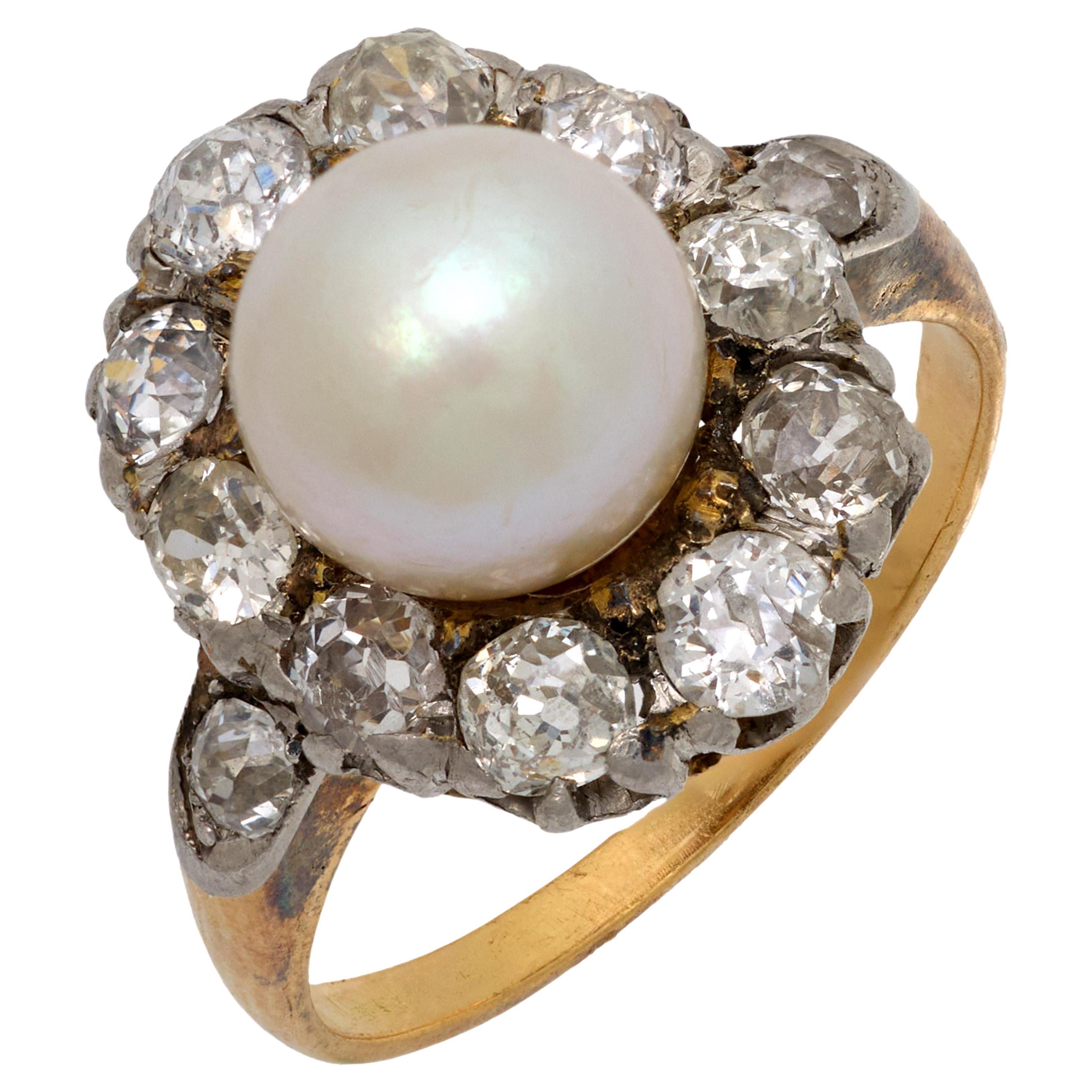 Victorian pearl old mine diamond 18k yellow gold and platinum cluster ring For Sale