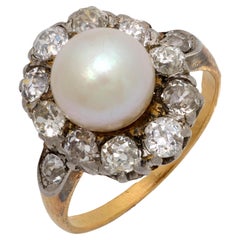 Victorian pearl old mine diamond 18k yellow gold and platinum cluster ring