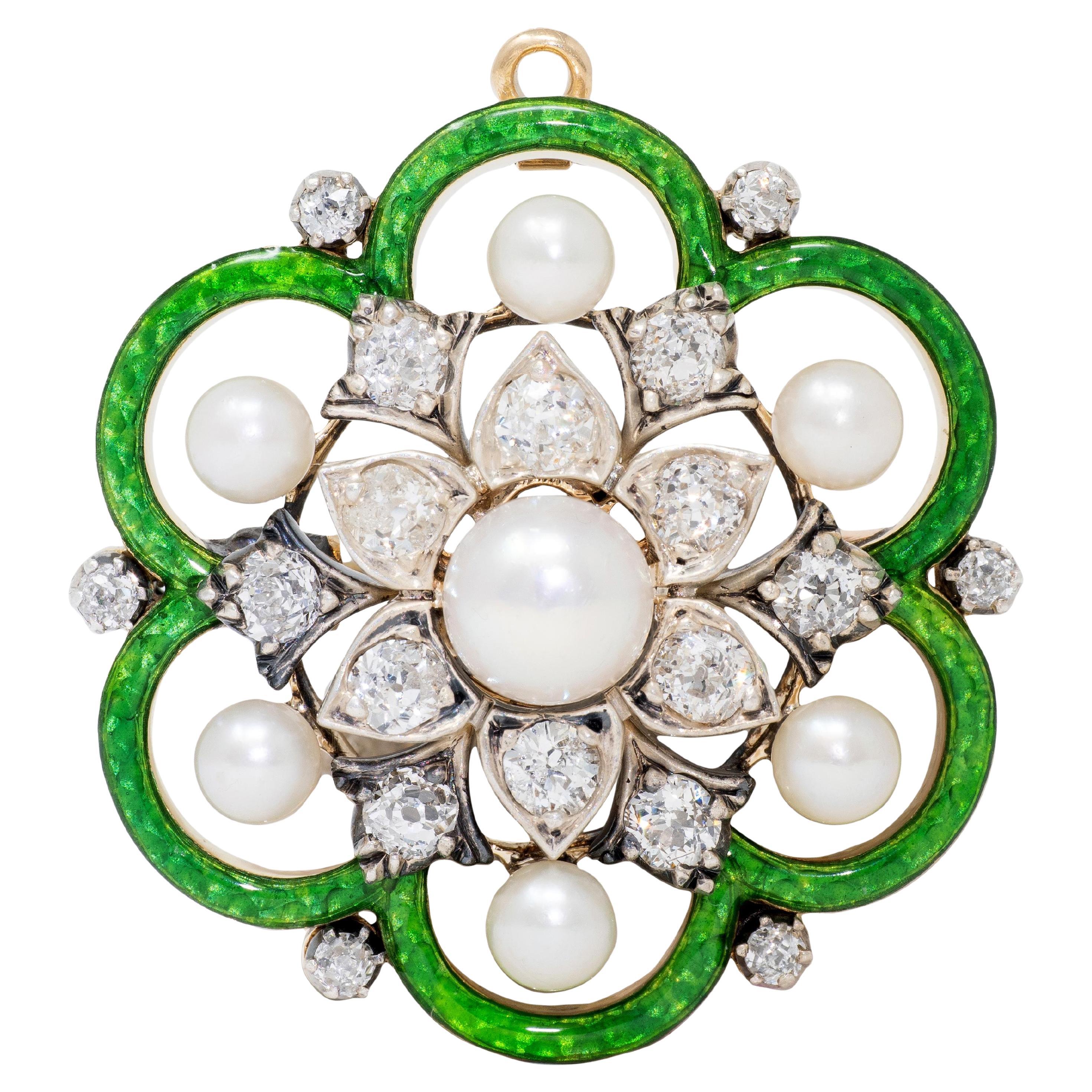 Broche Colgante Victoriano Perla Vieja Mina Diamante Esmalte Oro 18K Plata Antigua