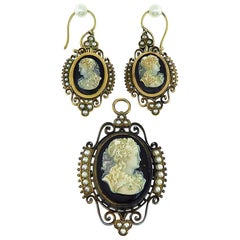 Victorian Pearl Onyx Cameo Pendant/Pin and Earrings Set