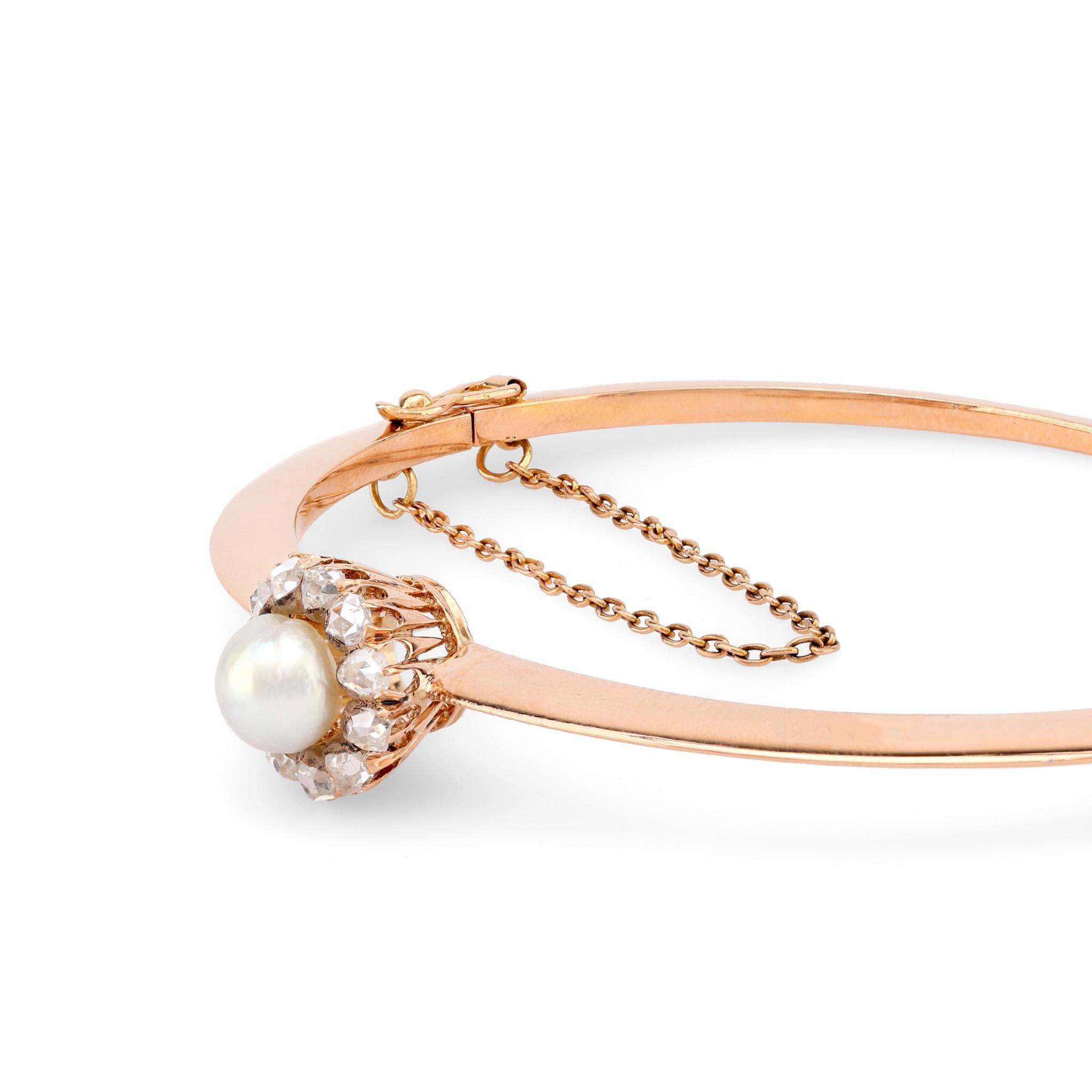 Victorian Pearl Rose Cut Diamond 18K Rose Gold Bangle In Excellent Condition In Beverly Hills, CA