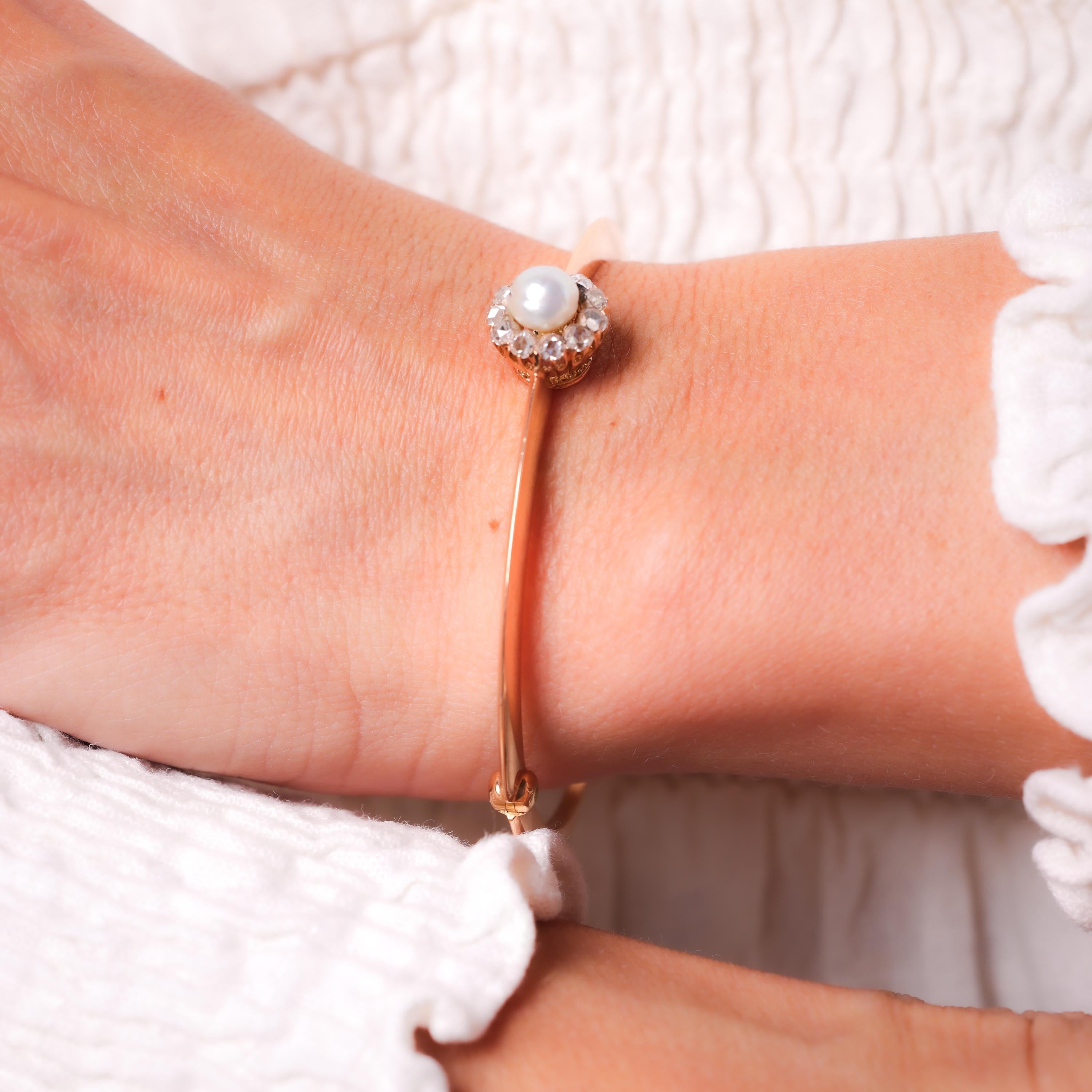 Women's or Men's Victorian Pearl Rose Cut Diamond 18K Rose Gold Bangle