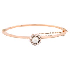 Victorian Pearl Rose Cut Diamond 18K Rose Gold Bangle
