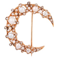 Victorian pearl rose cut diamond crescent moon 18k yellow gold brooch