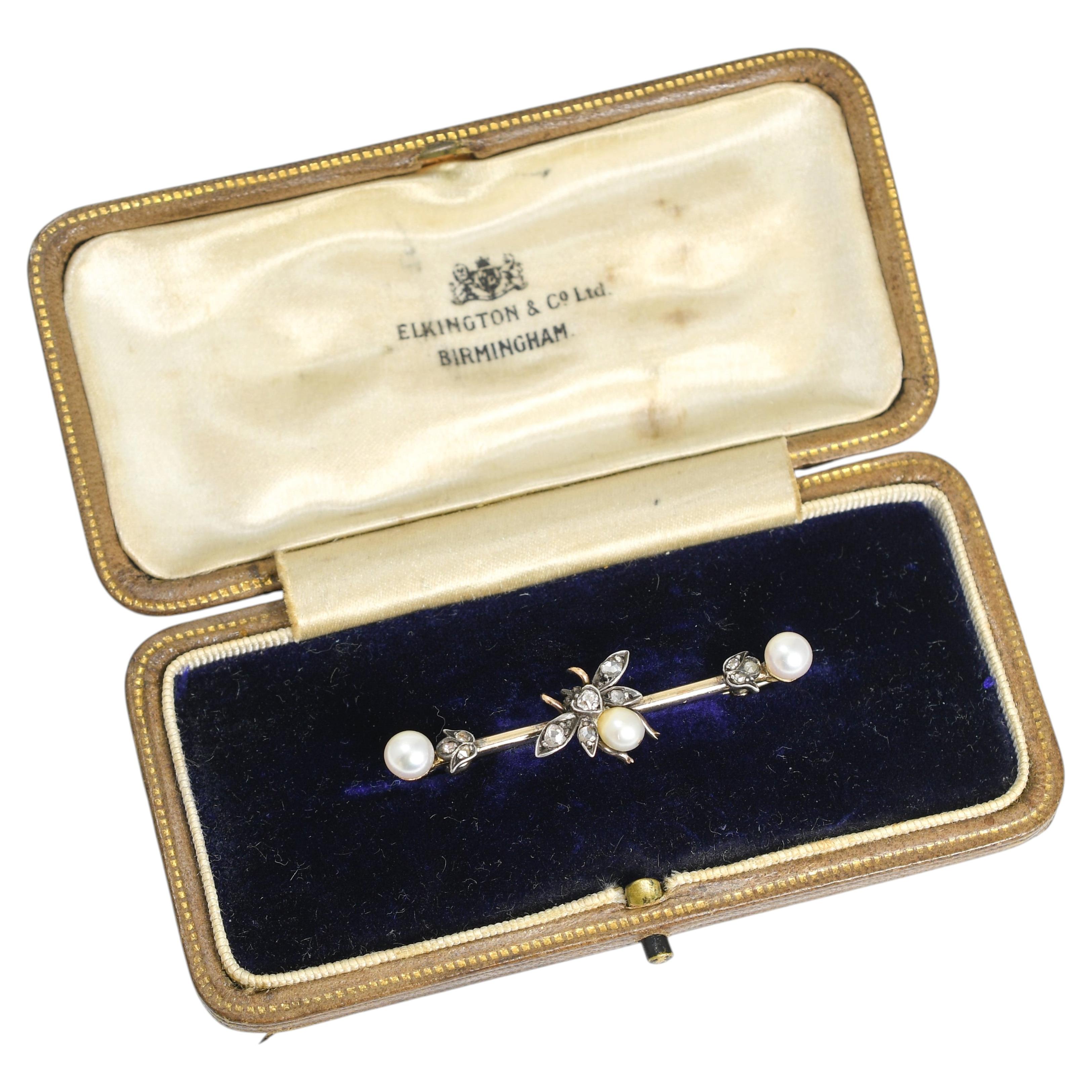 Victorian Pearl & Rose Cut Diamond Insect Bar Brooch, Circa 1880 For Sale