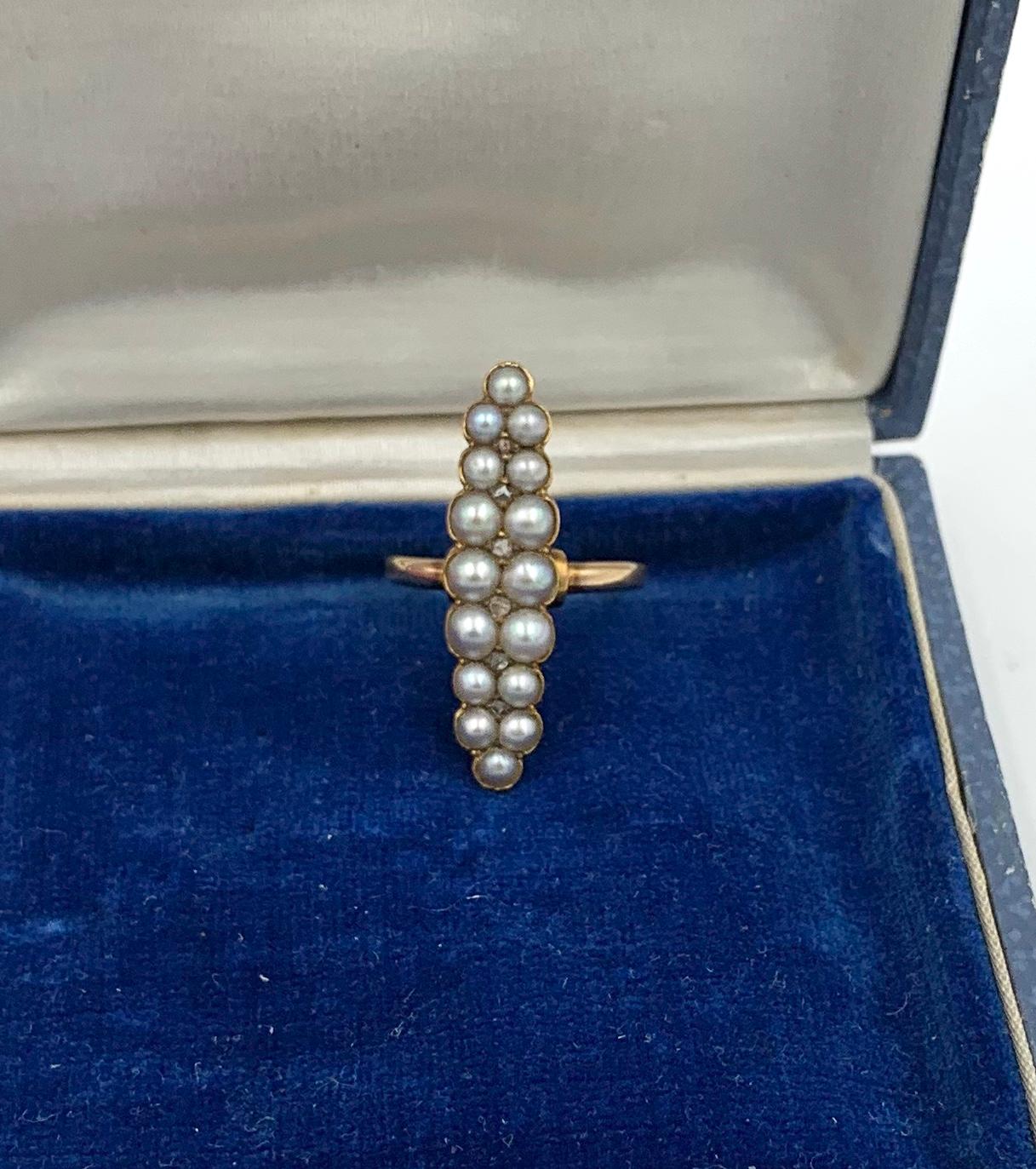 Victorian Pearl Rose Cut Diamond Ring Marquise 14 Karat Gold Antique Navette 5