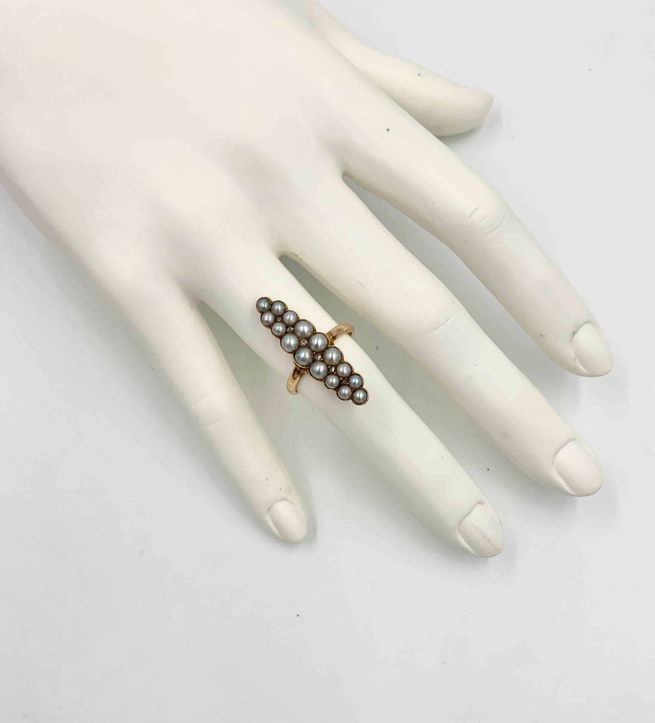 Women's Victorian Pearl Rose Cut Diamond Ring Marquise 14 Karat Gold Antique Navette