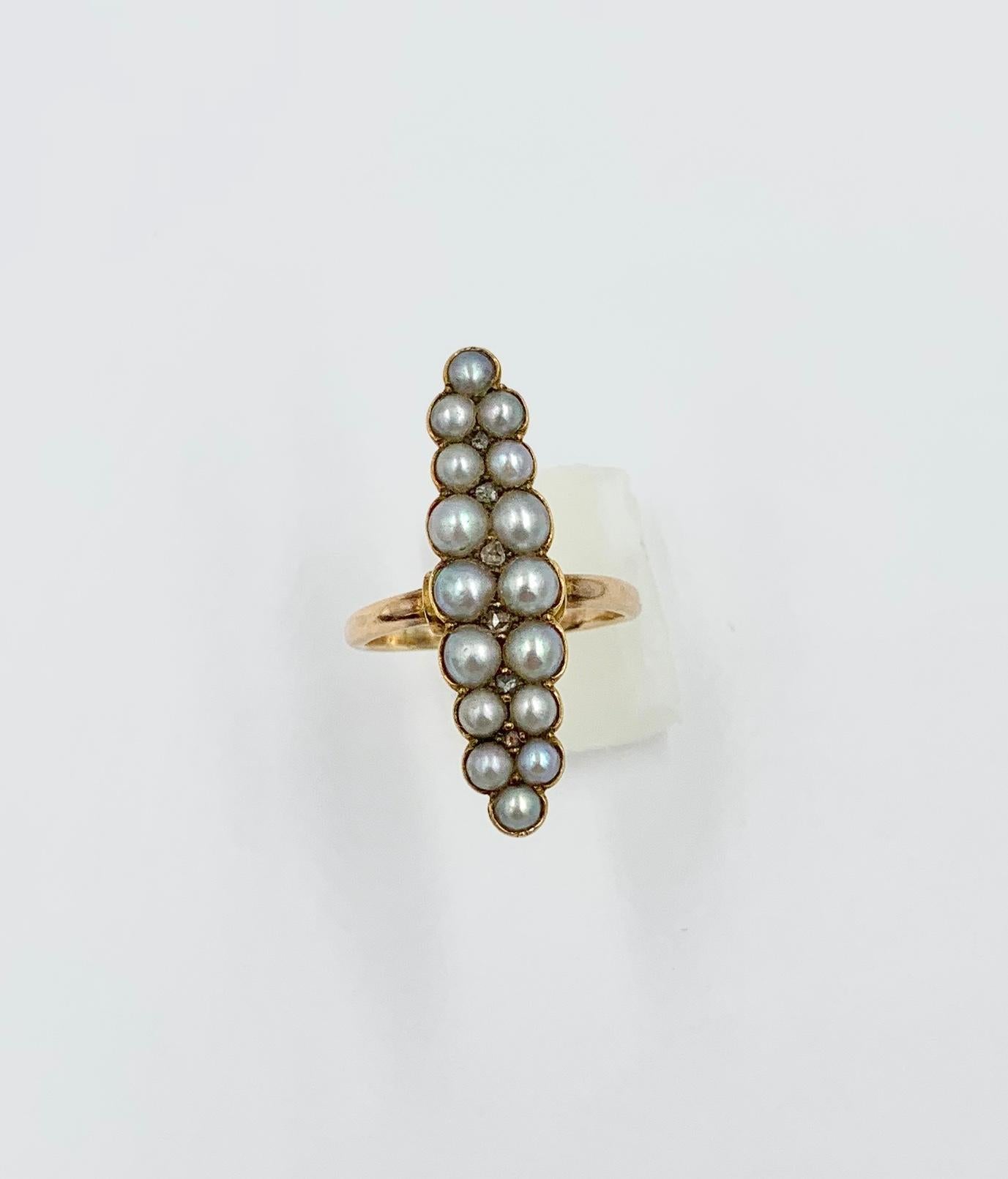 Victorian Pearl Rose Cut Diamond Ring Marquise 14 Karat Gold Antique Navette 1