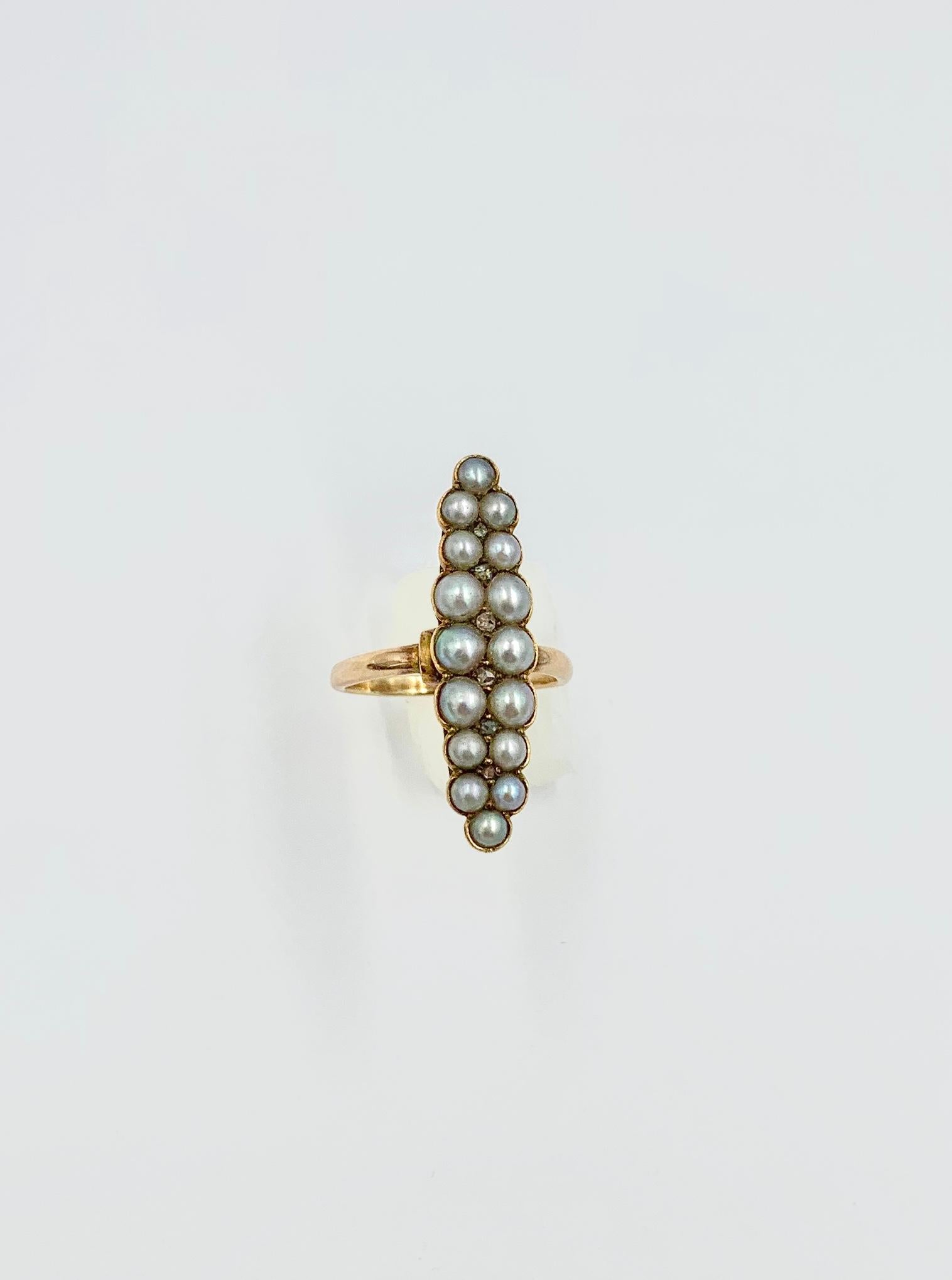 Victorian Pearl Rose Cut Diamond Ring Marquise 14 Karat Gold Antique Navette 3