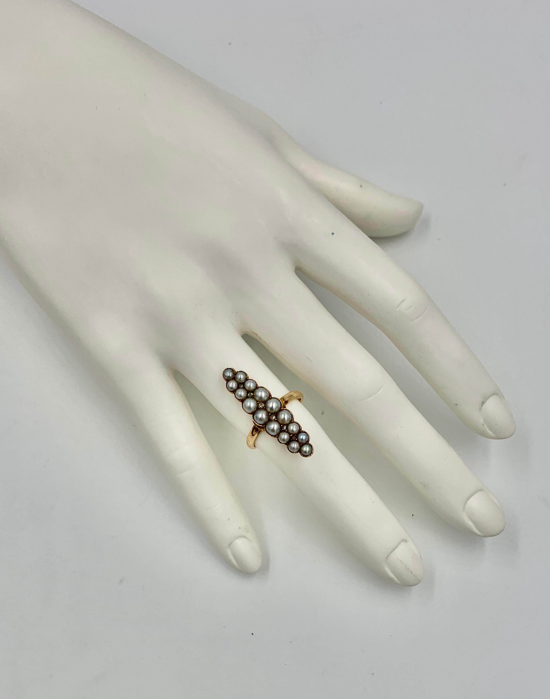 Victorian Pearl Rose Cut Diamond Ring Marquise 14 Karat Gold Antique Navette 4
