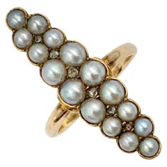 Antiker viktorianischer Navette-Ring mit Perlen im Rosenschliff, Marquise 14 Karat Gold