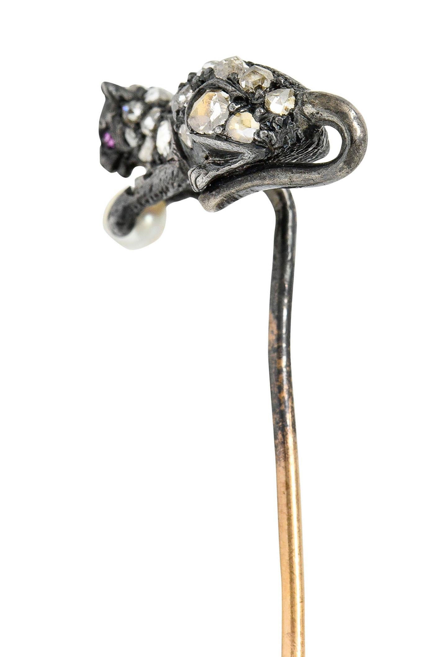 Women's or Men's Victorian Pearl Rose Cut Diamond Silver 18 Karat Gold Kitten Stickpin For Sale