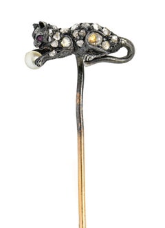 Victorian Pearl Rose Cut Diamond Silver 18 Karat Gold Kitten Stickpin