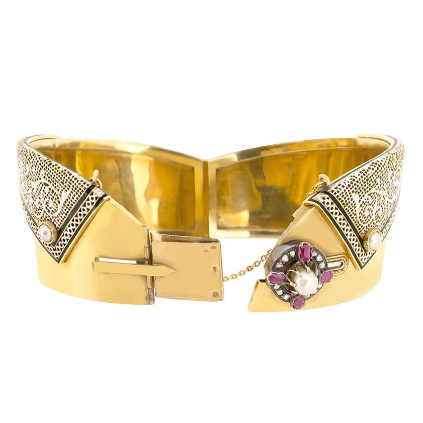 Antique Cushion Cut Victorian Pearl, Ruby and Diamond Bangle, c.1880s For Sale
