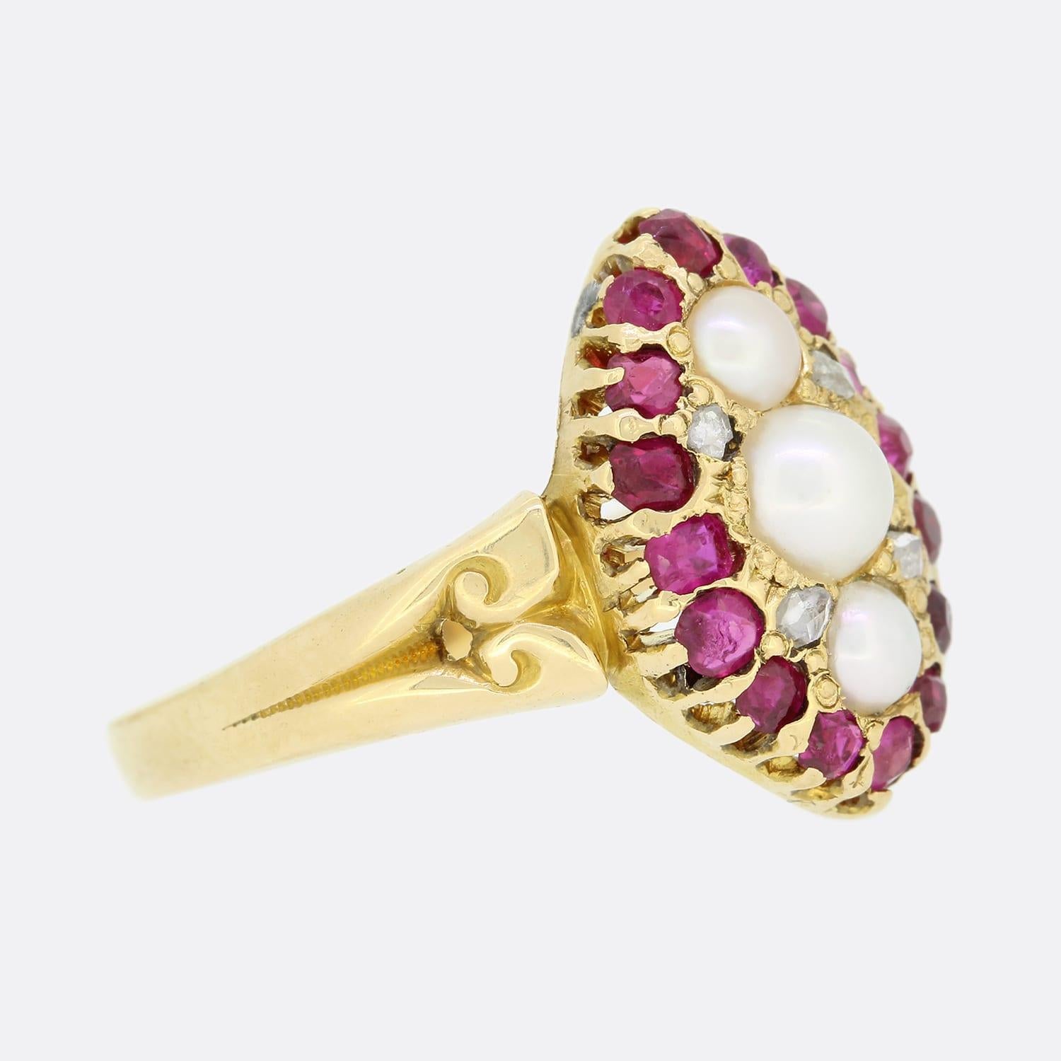 Uncut Victorian Pearl Ruby and Diamond Navette Ring For Sale