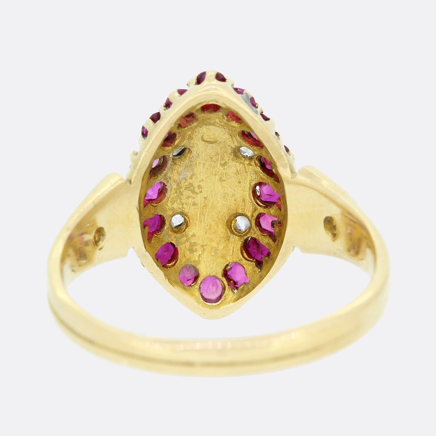 Victorian Pearl Ruby and Diamond Navette Ring In Good Condition For Sale In London, GB