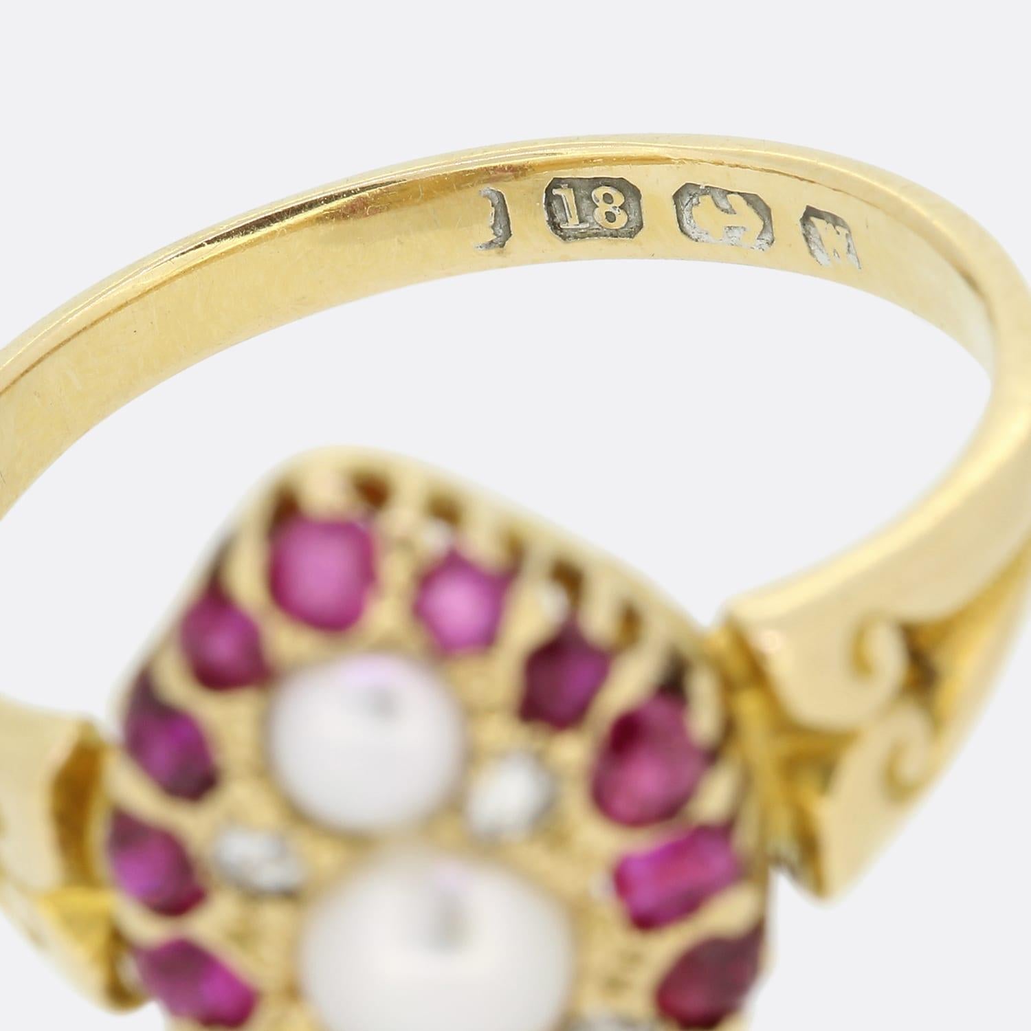 Women's Victorian Pearl Ruby and Diamond Navette Ring For Sale