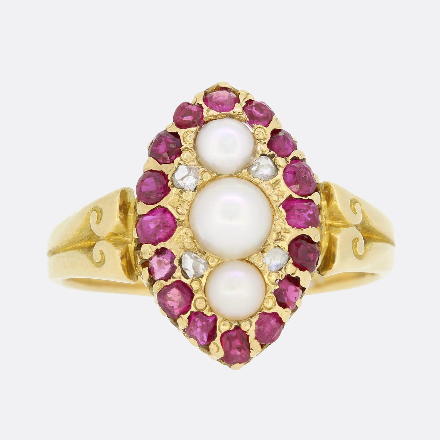 Victorian Pearl Ruby and Diamond Navette Ring For Sale 1