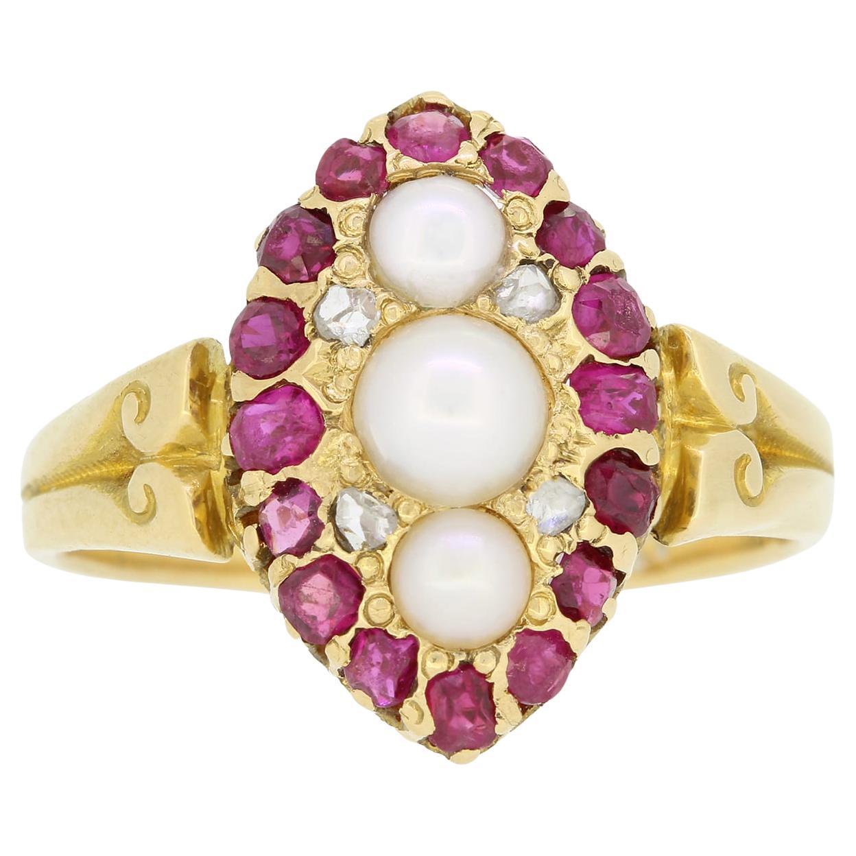 Victorian Pearl Ruby and Diamond Navette Ring