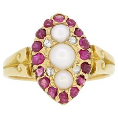Anillo Victoriano Navette de Perlas, Rubíes y Diamantes