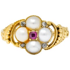 Antique Victorian Pearl Ruby Diamond 14 Karat Gold Ring