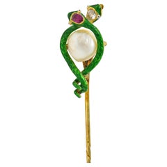 Victorian Pearl Ruby Diamond 18 Karat Yellow Gold Antique Snake Stickpin