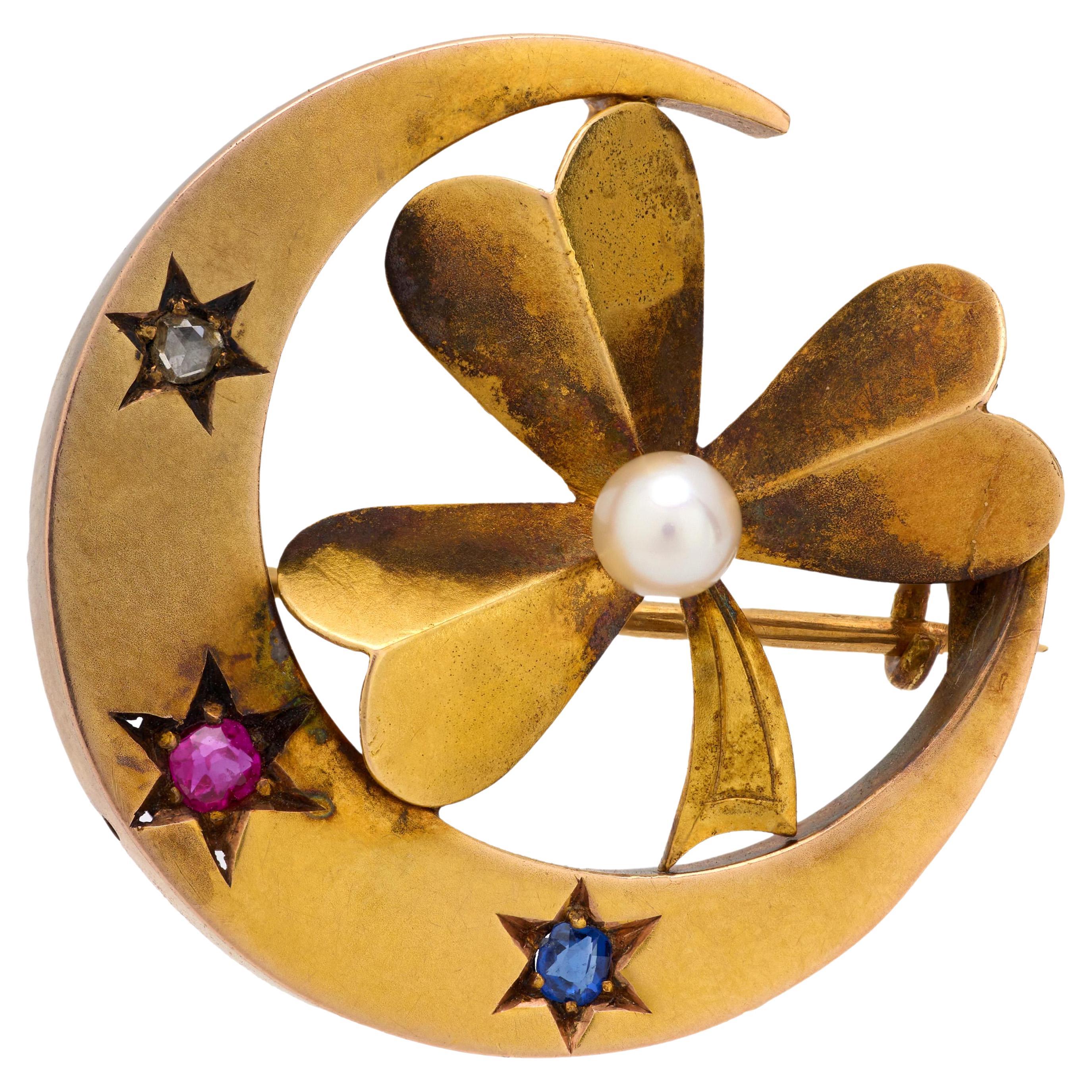 Victorian pearl ruby diamond sapphire 14k yellow gold crescent clover brooch