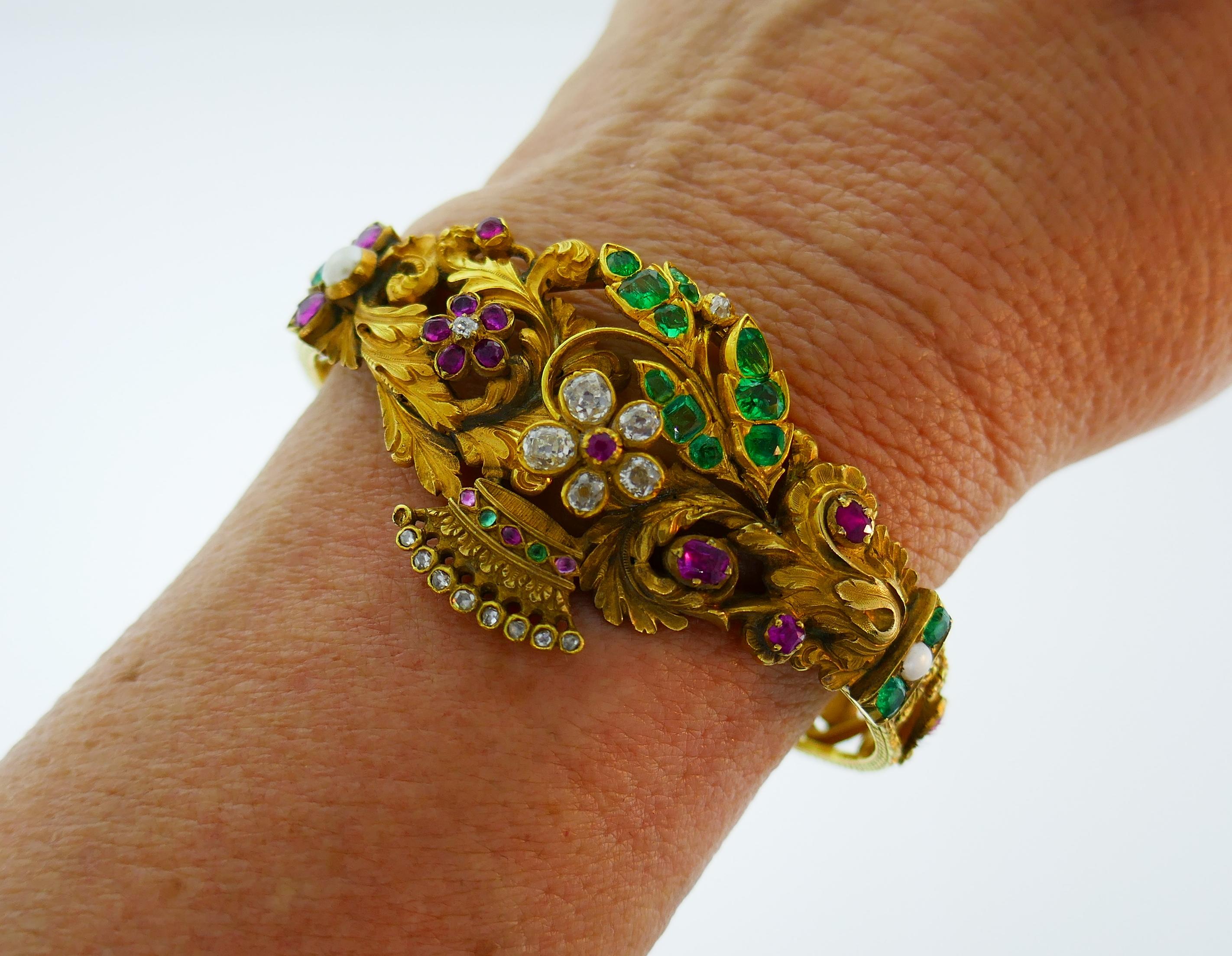 Victorian Pearl  Ruby Emerald Diamond Gold Mourning Bangle Bracelet 6