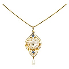 Victorian Pearl Sapphire Diamond 14 Karat Gold Floral Drop Pendant Necklace