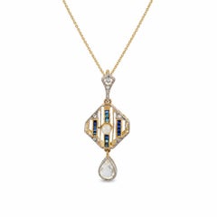 Victorian pearl sapphire diamond 14K yellow gold and platinum drop pendant