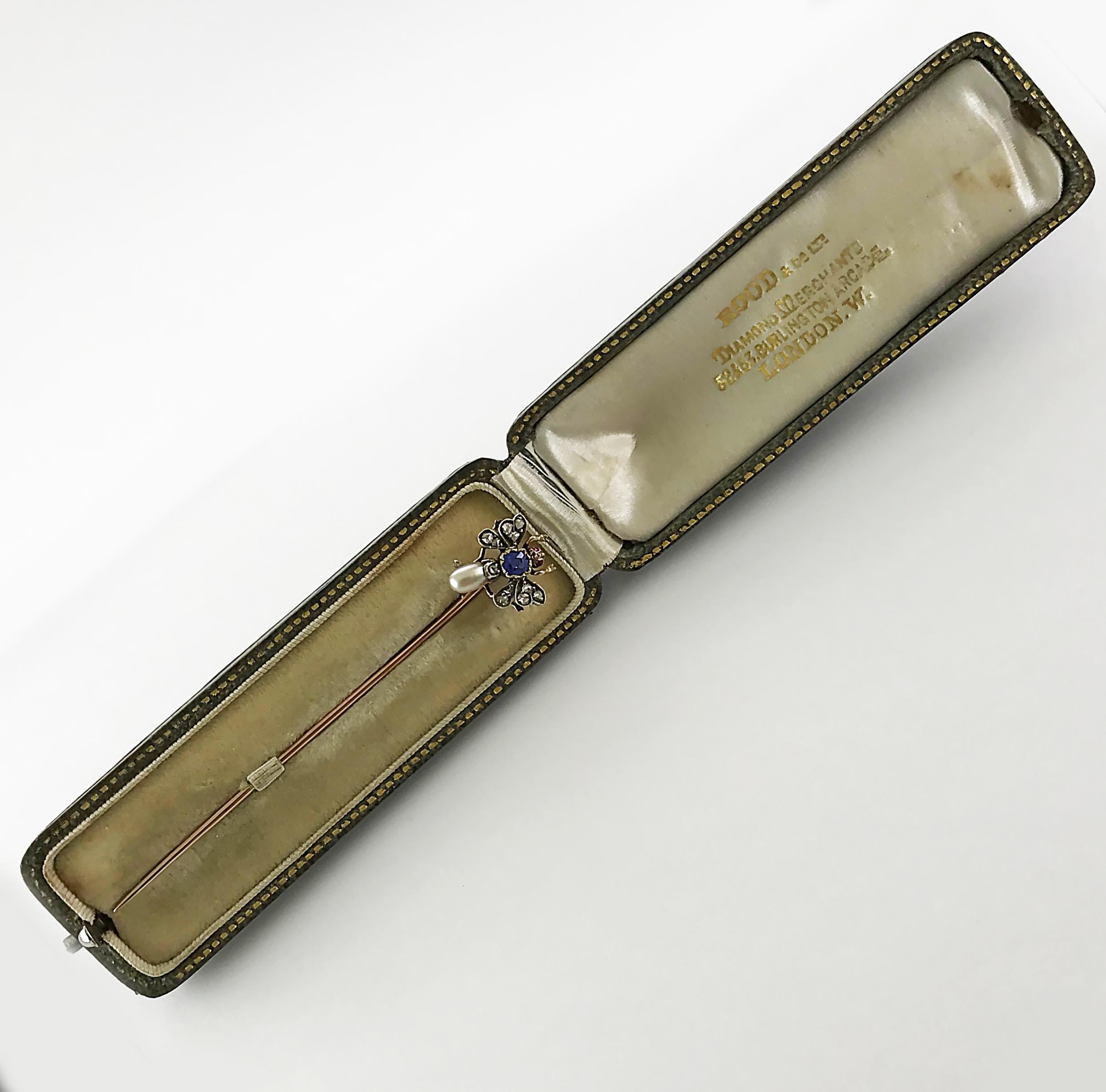 Victorian Pearl Sapphire Ruby Diamond Bee/Insect/Bug Stick Pin, circa 1880 3